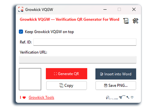 Growkick VQGW - Verification QR Code Generator for Word- dashboard Growkick VQGW Windows software interface